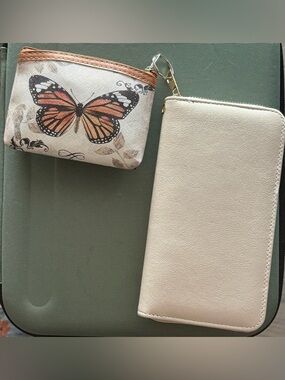 Neutral Beige Women's Wallet and Butterfly Pouch Set. Not leather